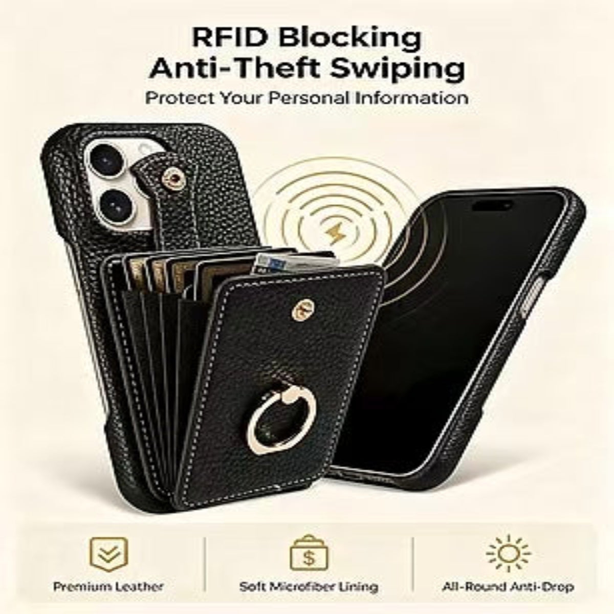 🎁Wallet Case with Ring,High Stylish Luxury Leather Accordion Card Holder,Anti-Drop Lanyard,Multi-Functional Ring Stand,Protective Leather Case
