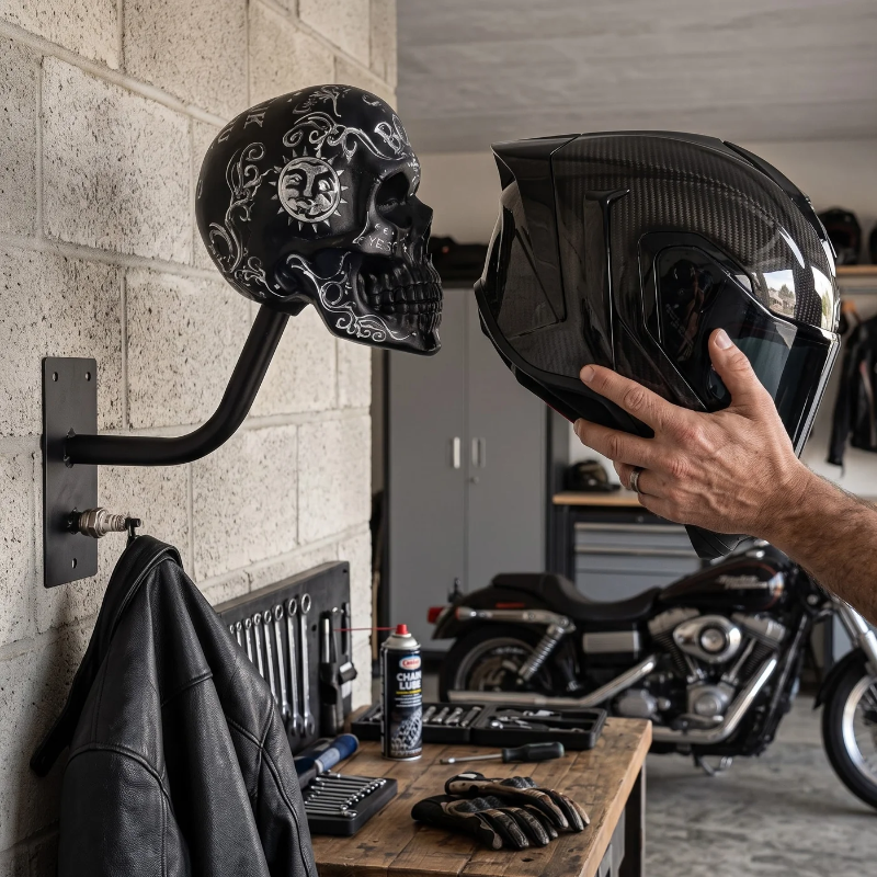 Skull Motorcycle Helmet Holder – Punk Skull Wall Mount Rack for Helmets, Jackets & Garage Decor