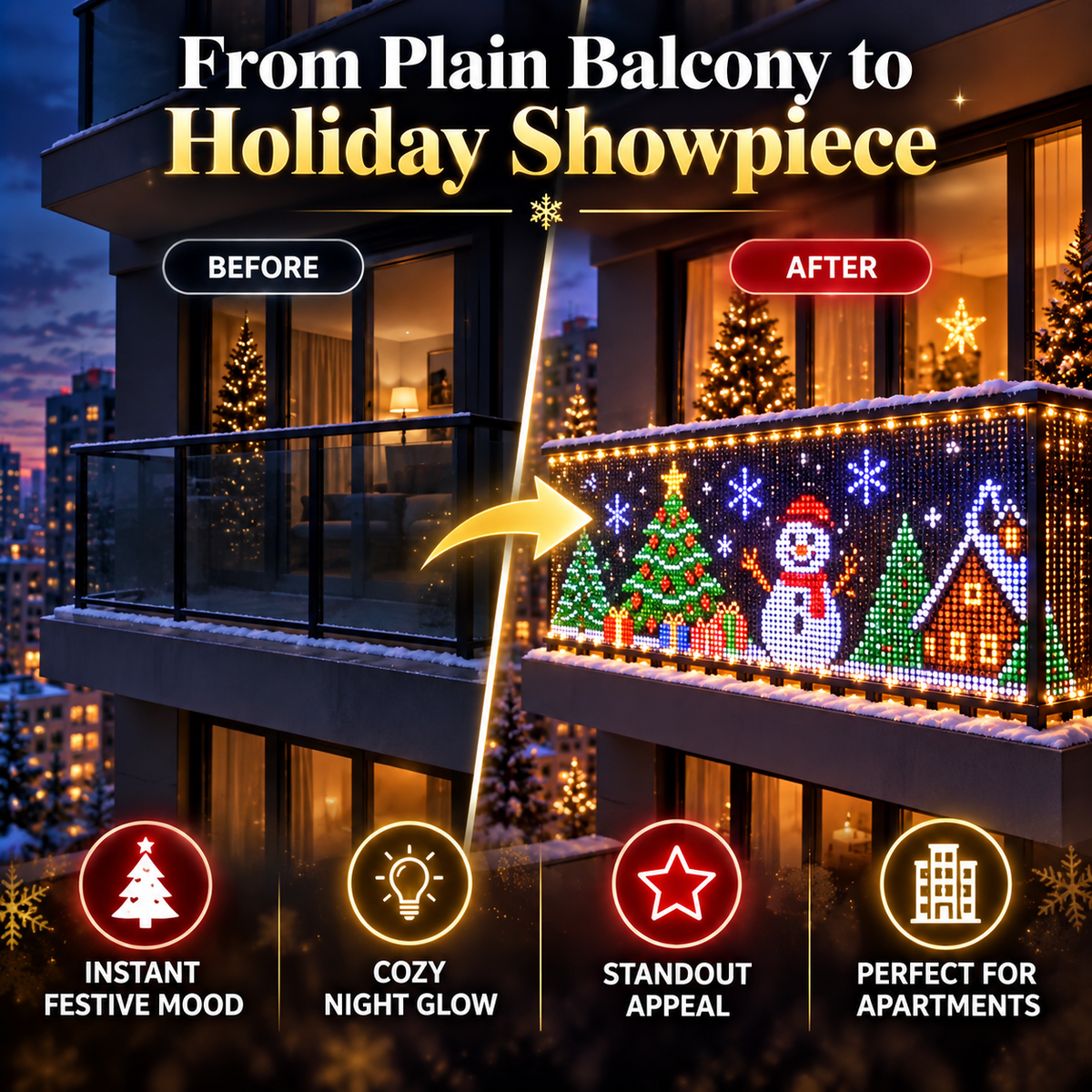 🎄 Smart RGB Pixel Curtain Lights – App-Controlled Animated Holiday Display for Balcony & Window Decor-1.6m*1.6m