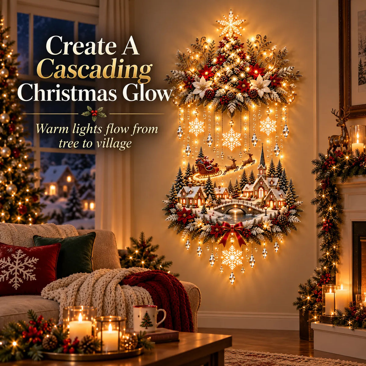 ⭐⭐ Illuminated Christmas Tree & Village Wall Hanging | Cascading Warm Lights for Living Rooms, Entryways & Staircases ✨