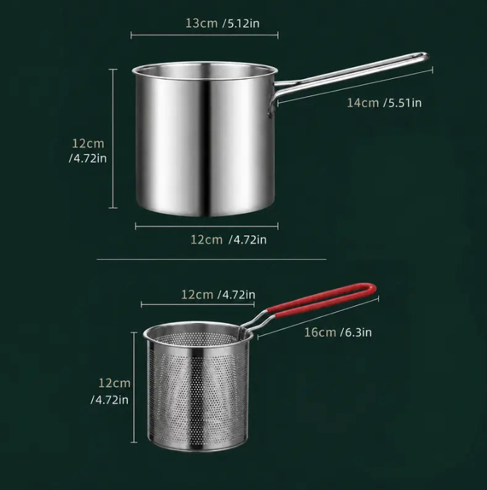 🍟 Personal Mini Deep Fryer Set – Stainless Steel Pot with Lift-Out Draining Basket & Food Tongs