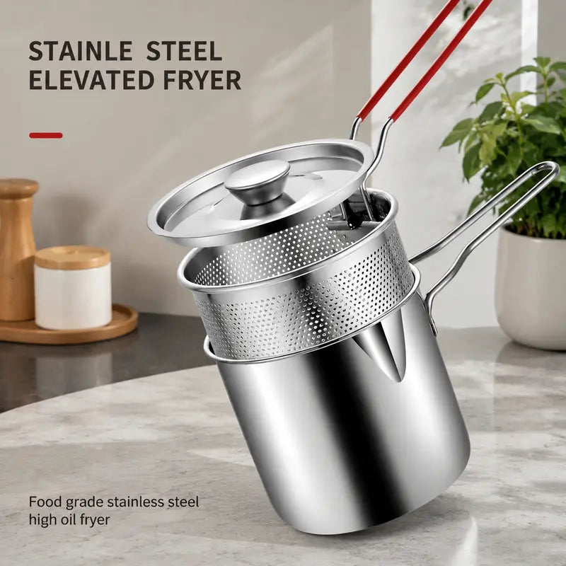 🍗Personal Mini Deep Fryer Set – Stainless Steel Pot with Lift-Out Draining Basket & Food Tongs