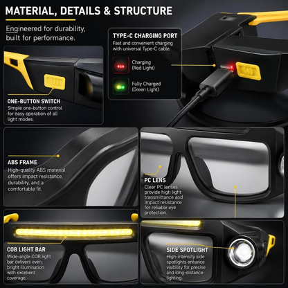 💡Hands-Free LED Work Glasses with Wide Front Beam, Side Lights & Over-Glasses Fit