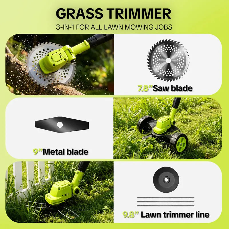 ⚡21V 3-in-1 Cordless String Trimmer, Edger & Mini Mower – 2 Batteries Included