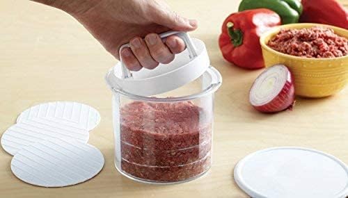 🍔 Hamburger Press Patty Maker - Non-Stick Burger Mold Shaper with Freezer Storage Container - 12-Piece Set with 8-Layer Plastic Discs for BBQ Grill.