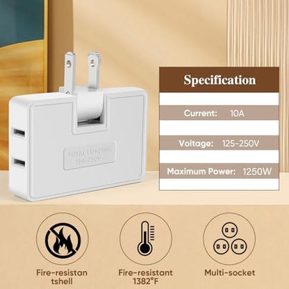 🔌2 Pack 3 Way Flat Wall Outlet Extender Adapter