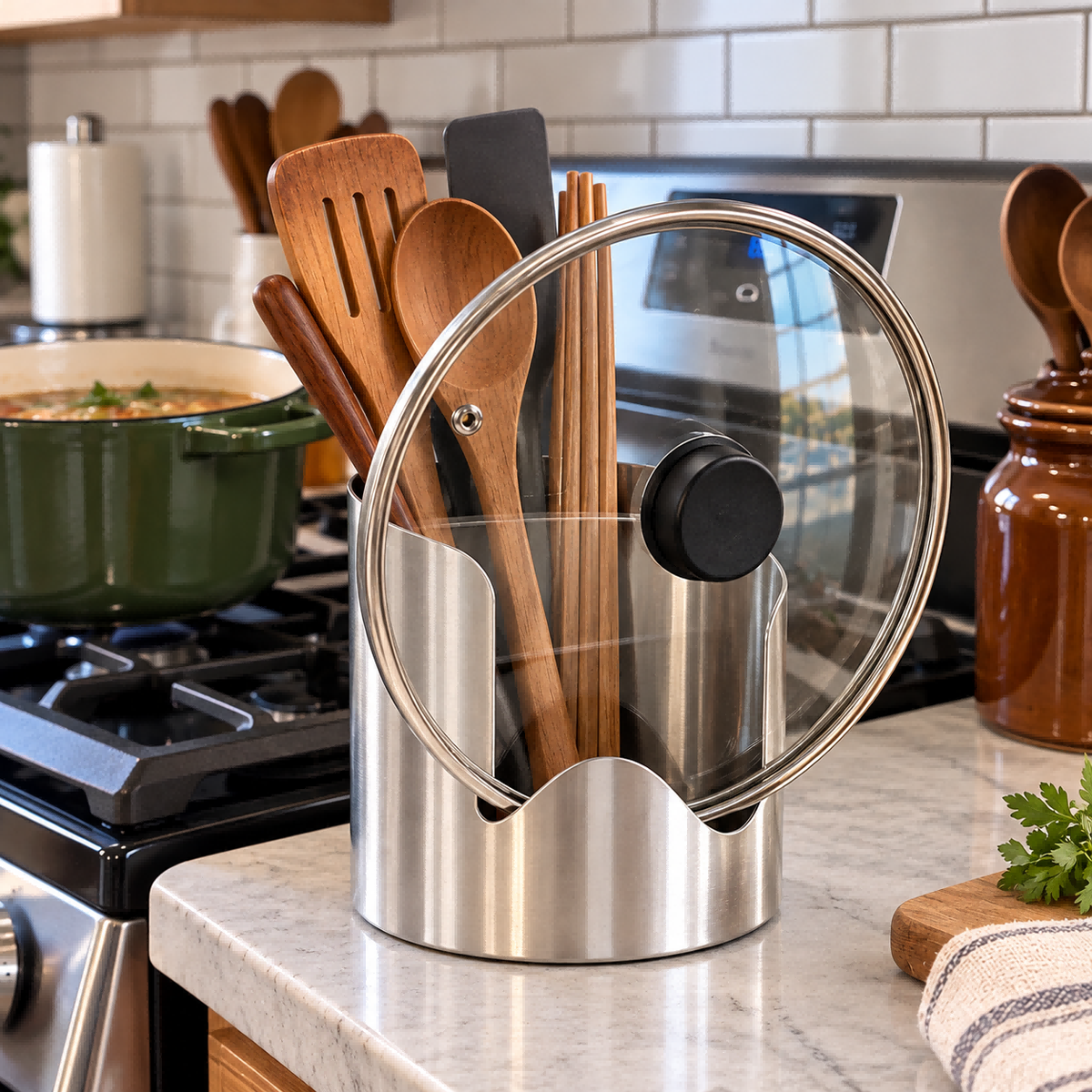 🍳✨ Stainless Steel Kitchen Utensil Holder – Countertop Organizer 🥄