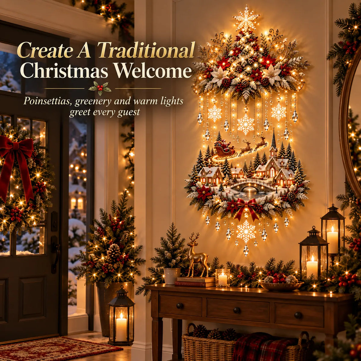 ⭐⭐ Illuminated Christmas Tree & Village Wall Hanging | Cascading Warm Lights for Living Rooms, Entryways & Staircases ✨