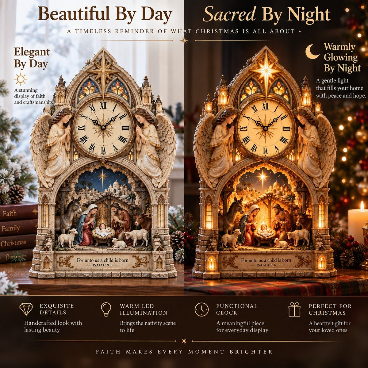 🕰️Cathedral-style Bethlehem Nativity clock – the Christmas story bathed in warm light.