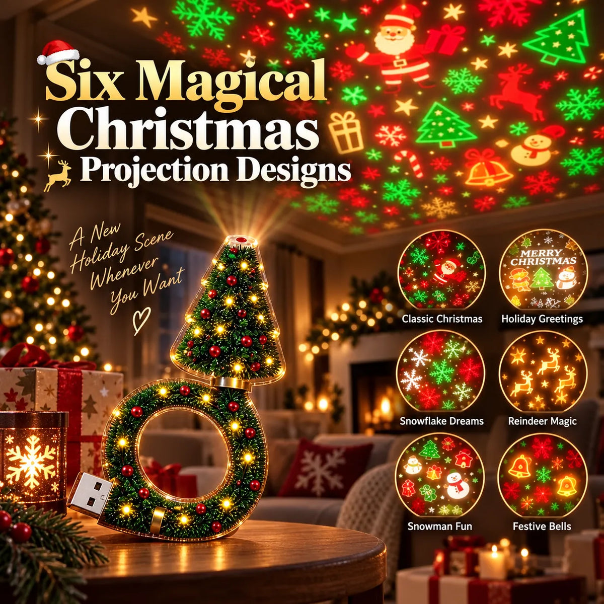 🎁Christmas Ceiling Projection Light – 6 Magical Holiday Designs In One Lamp