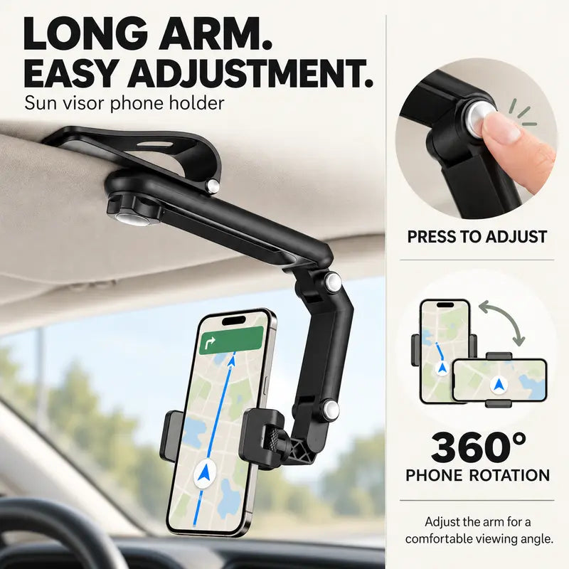 🎁Foldable Car Phone Holder for Sun Visor, Adjustable Arm with 360° Phone Rotation, Spring Clip Mount for 4–6.5 Inch Smartphones, Black,toolupgrade