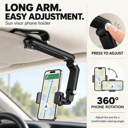 🎁Foldable Car Phone Holder for Sun Visor, Adjustable Arm with 360° Phone Rotation, Spring Clip Mount for 4–6.5 Inch Smartphones, Black,toolupgrade
