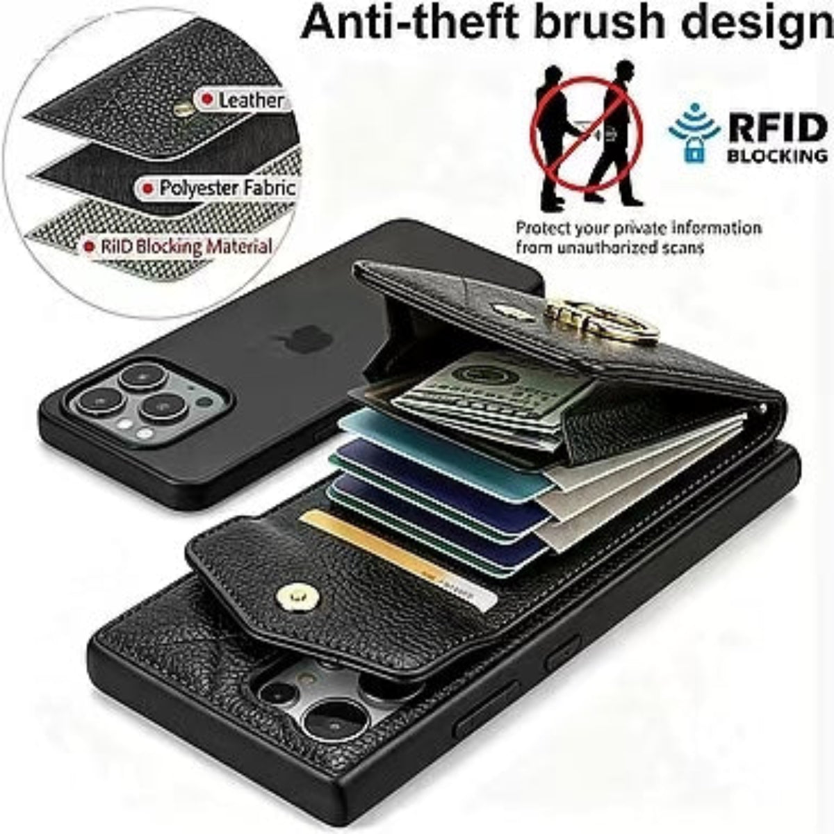 🎁Wallet Case with Ring,High Stylish Luxury Leather Accordion Card Holder,Anti-Drop Lanyard,Multi-Functional Ring Stand,Protective Leather Case