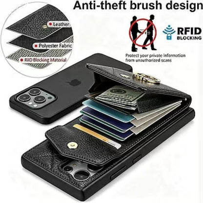 🎁Wallet Case with Ring,High Stylish Luxury Leather Accordion Card Holder,Anti-Drop Lanyard,Multi-Functional Ring Stand,Protective Leather Case