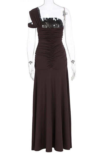 One Shoulder Ruched High Slit Slim Fit Solid Color Party Maxi Dresses-Brown