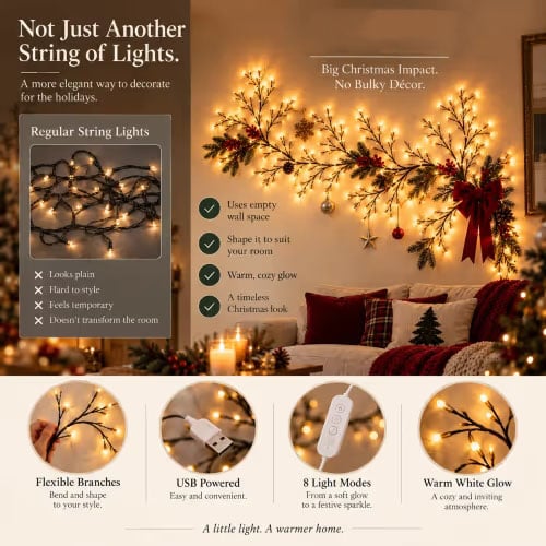 🎄✨New-2026 Flexible LED Branch Lights with Remote | Christmas Bendable Vine Wall Decor