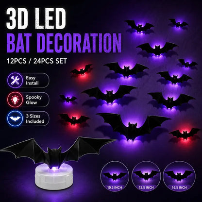 🦇3D Bat Light LED Decorations, 12pcs/36pcs Halloween Spooky Ornaments