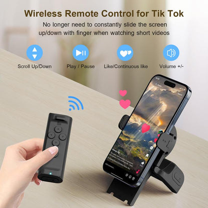 📱Remote Control for TikTok Scrolling with Smartphone Holder Stand, Wireless Scroller Page Turner, Camera Shutter Video Recording for iOS Android