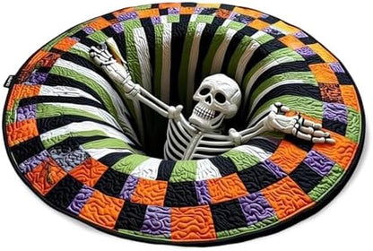 👻 3D Optical Illusion Skeleton Vortex Quilted Round Halloween Rug