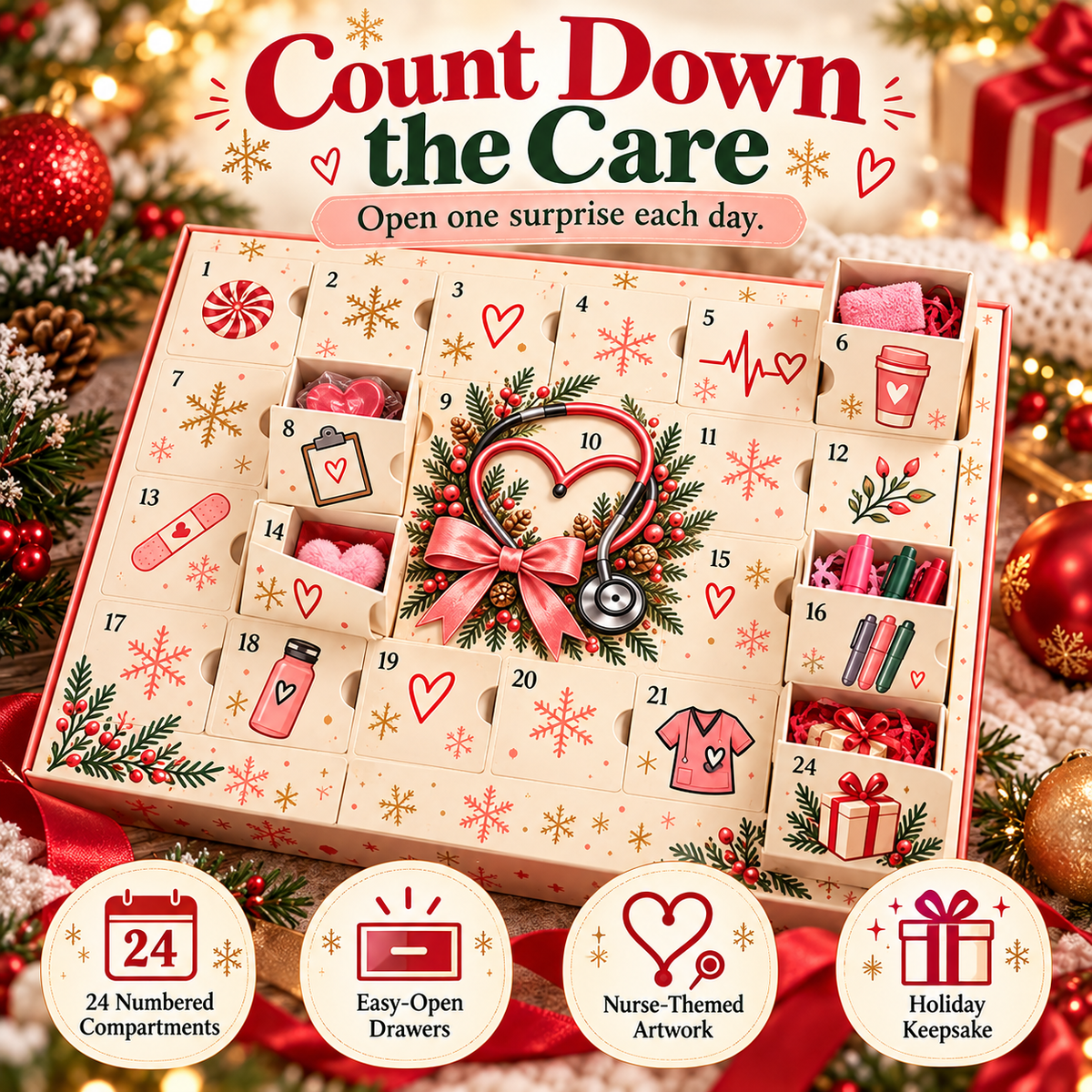 ❤️ CareHero™ 24-Day Advent Calendar – Heartfelt Holiday Countdown Gift for Nurses