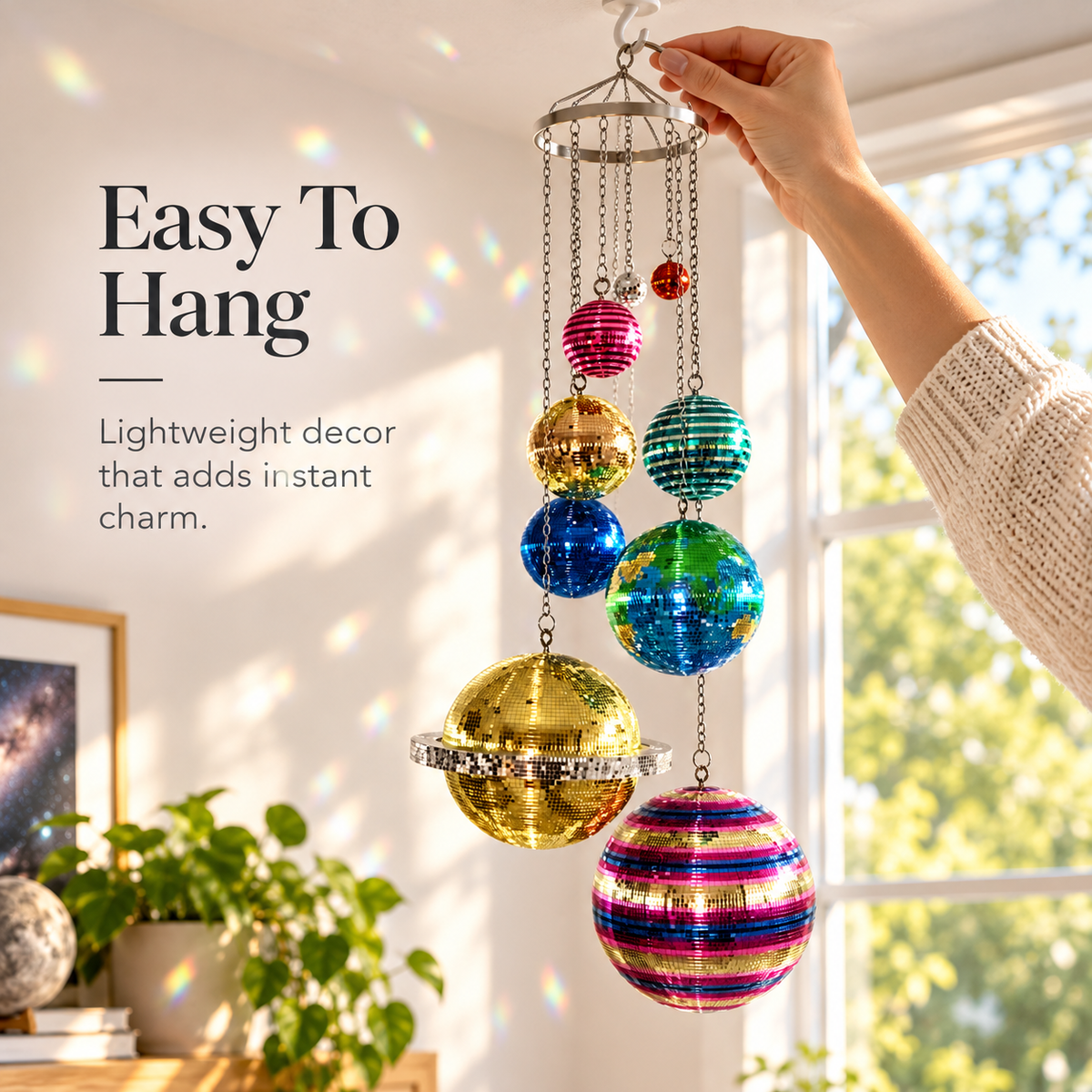 🪐 Solar System Disco Ball Hanging Mobile – Colorful Reflective Celestial Room Decor