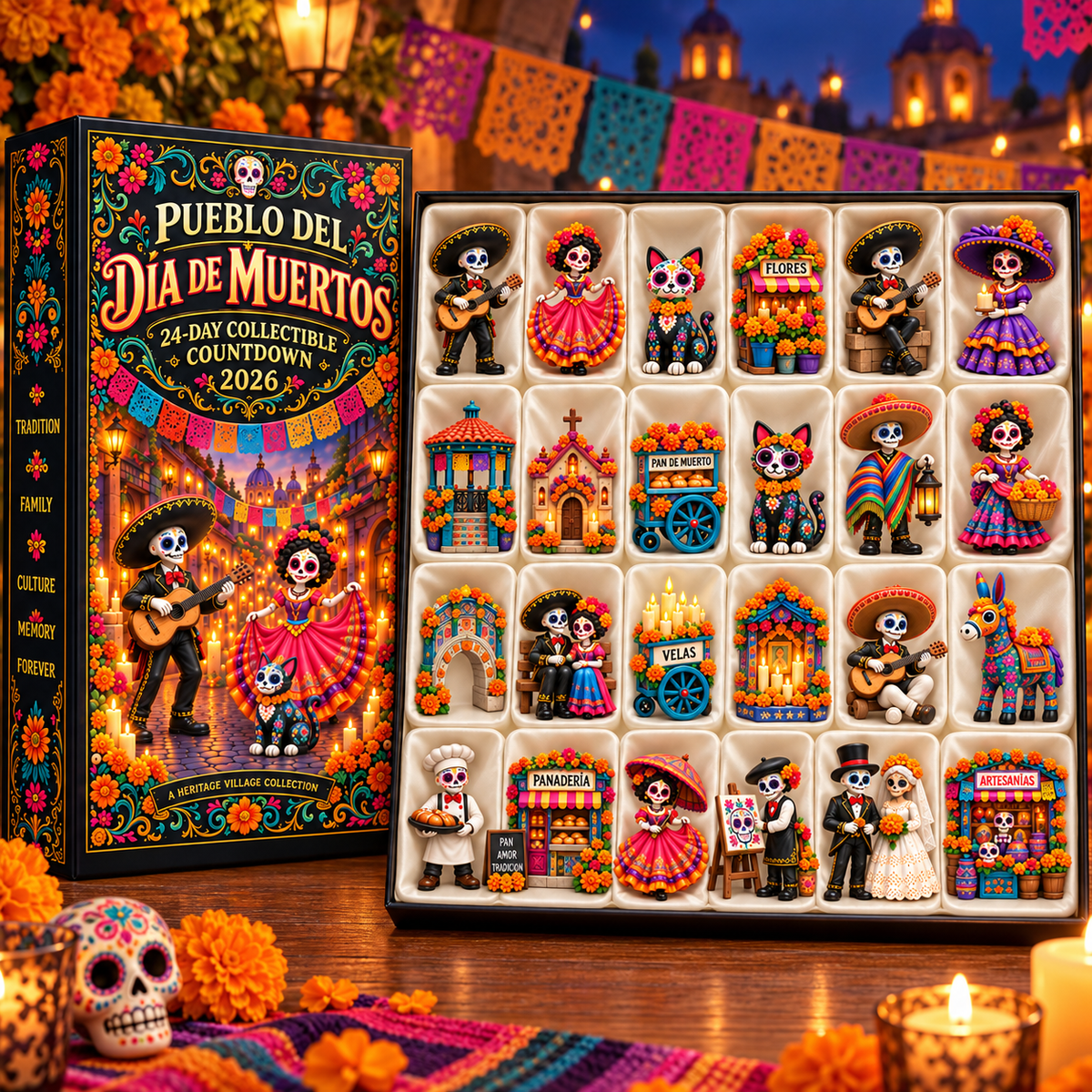 ⚡Pueblo del Día de Muertos 2026 – 24-Day Day of the Dead Collectible Countdown Calendar with 24 Unique Miniatures