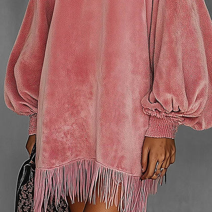 Women's Pink Retro Velvet Stand Collar Fringe Dress