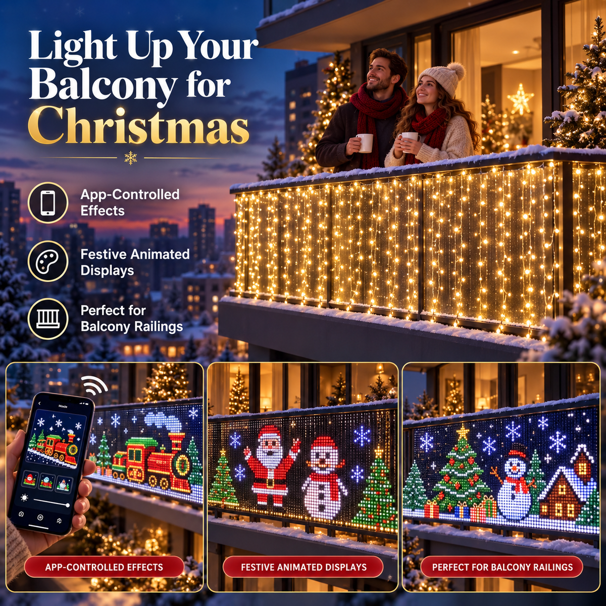 🎄 Smart RGB Pixel Curtain Lights – App-Controlled Animated Holiday Display for Balcony & Window Decor-1.6m*1.6m