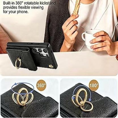 🎁Wallet Case with Ring,High Stylish Luxury Leather Accordion Card Holder,Anti-Drop Lanyard,Multi-Functional Ring Stand,Protective Leather Case