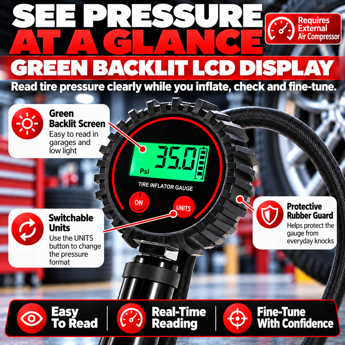 📟 200 PSI Digital Tire Inflator Gauge – 3-in-1 Air Chuck, Pressure Gauge & Bleeder