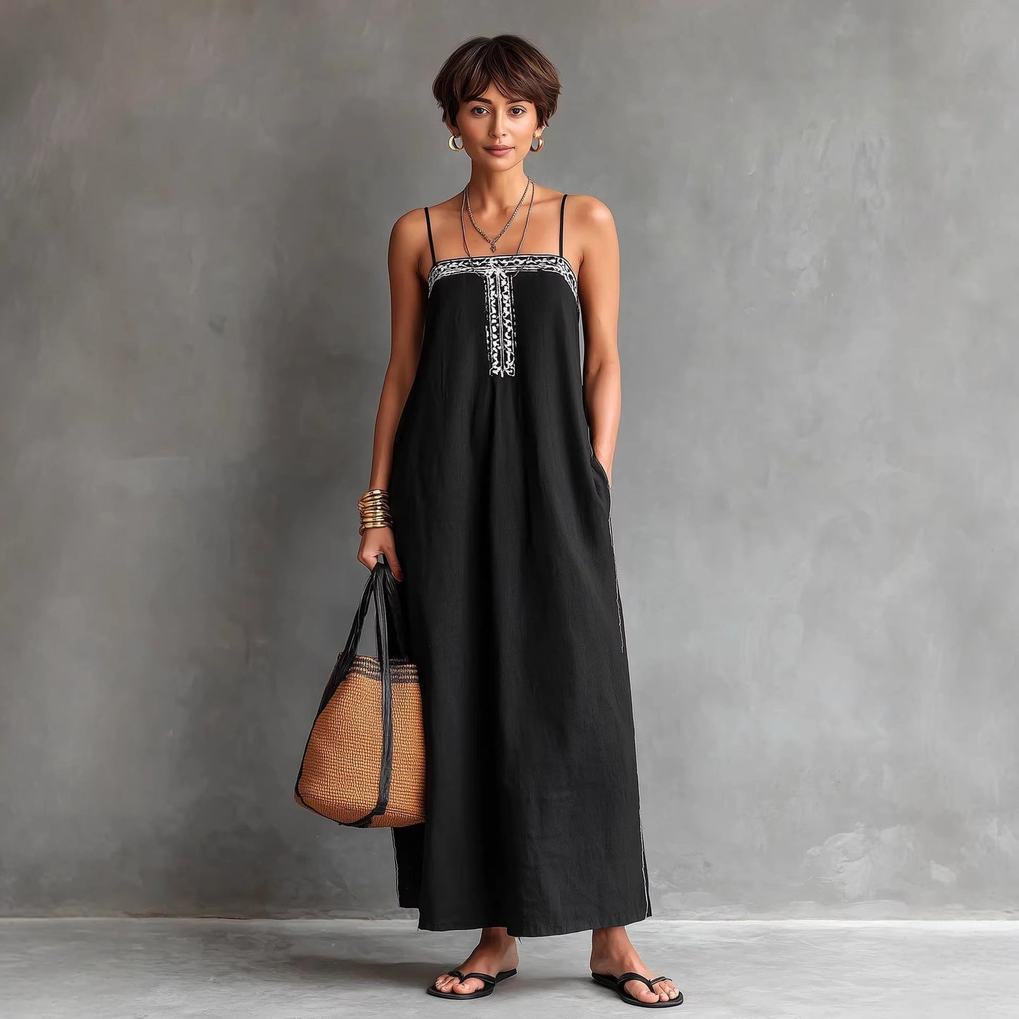 Black Embroidered Linen Maxi Dress