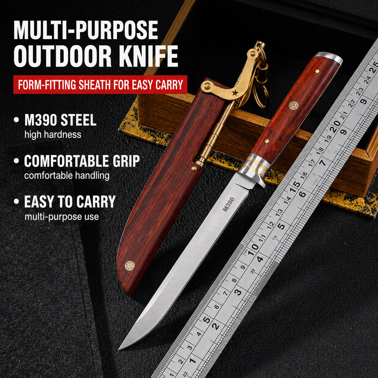 M390 Premium Fixed Blade Knife – Solid Wood & Brass Handle with Quick-Release Sheath