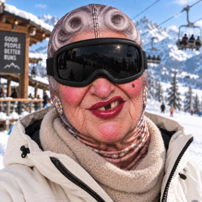 Woman wearing a humorous printed ski mask with ski goggles