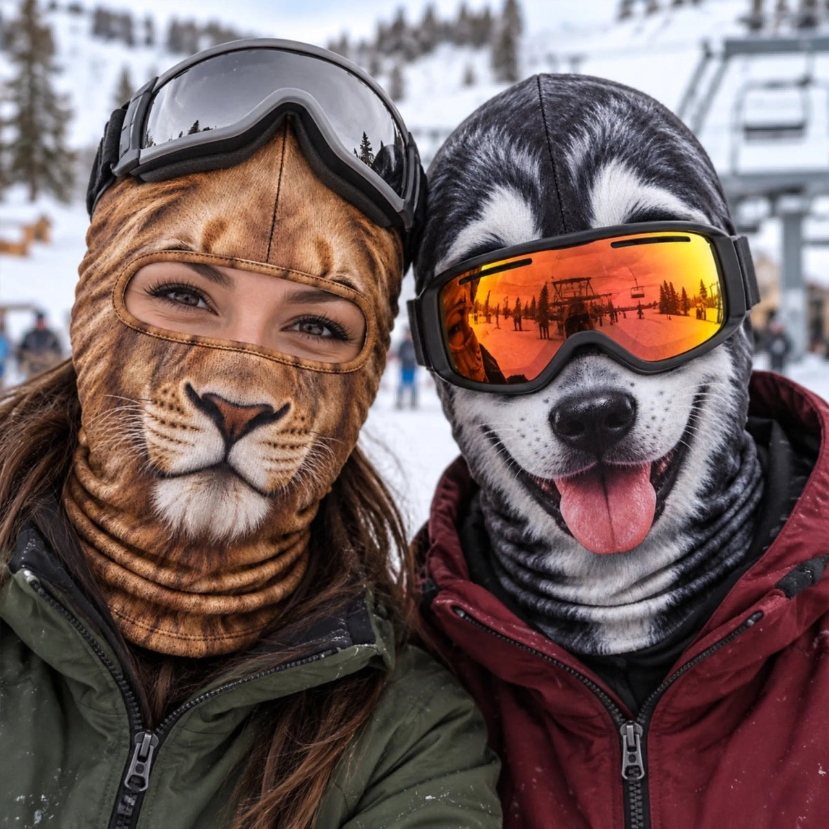 Lion and husky style printed ski masks at a ski resort