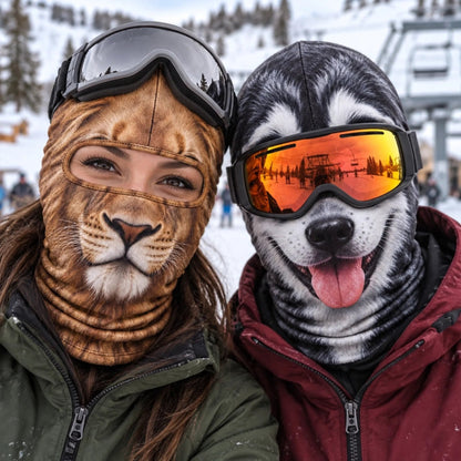 Lion and husky style printed ski masks at a ski resort