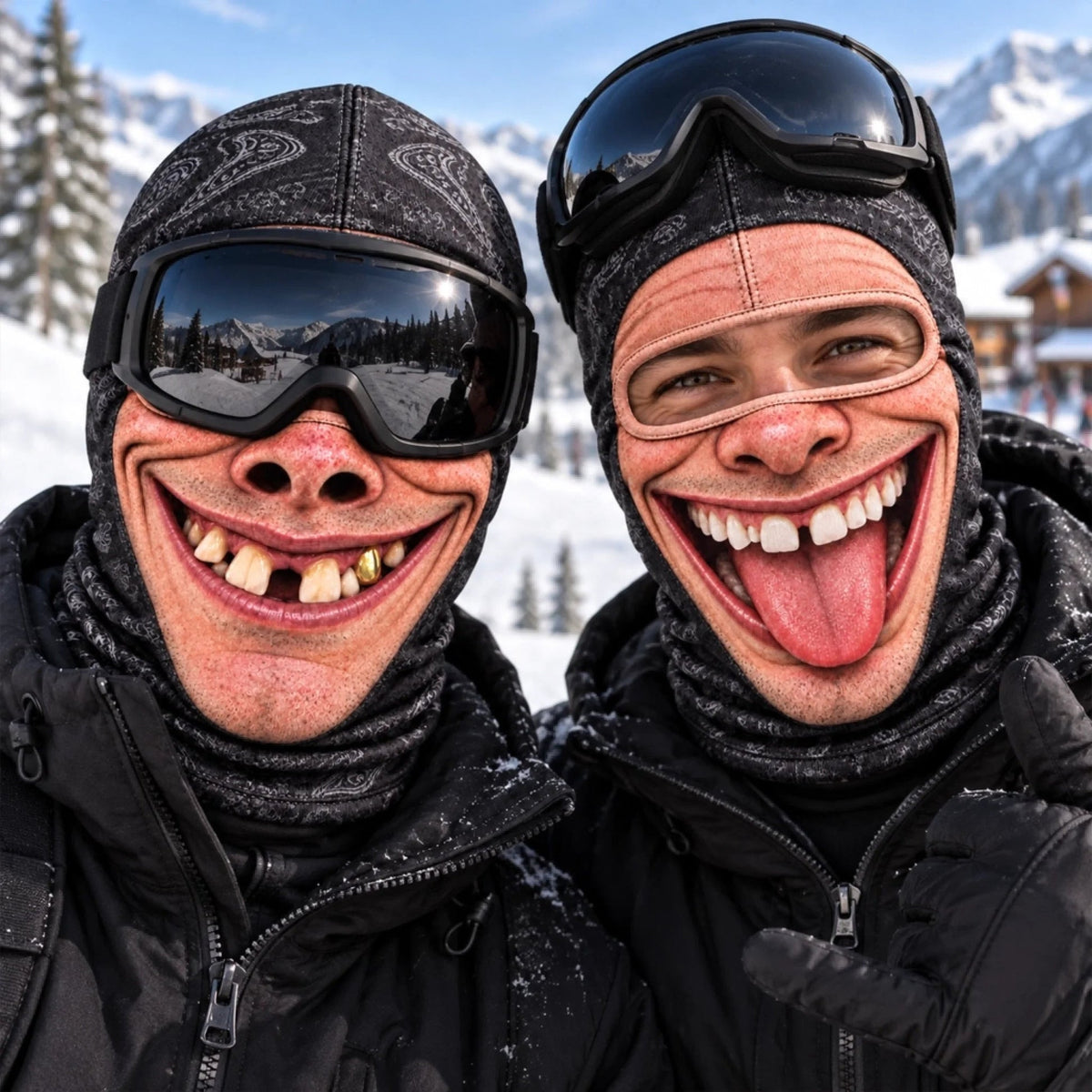 Two skiers wearing exaggerated funny face ski masks and goggles