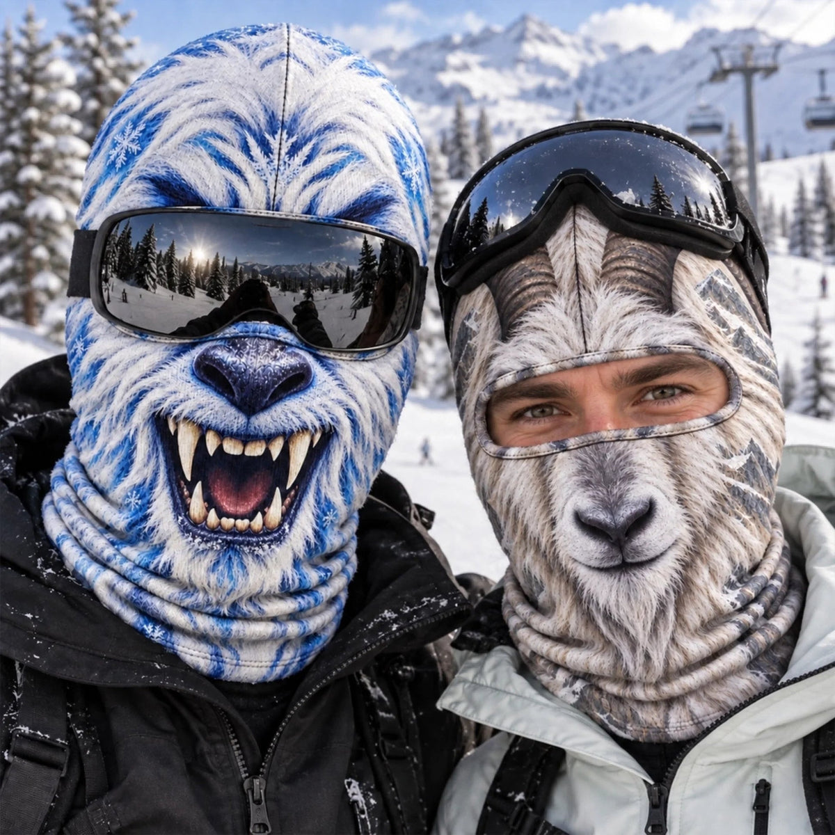 Two skiers wearing snow creature and animal printed ski masks