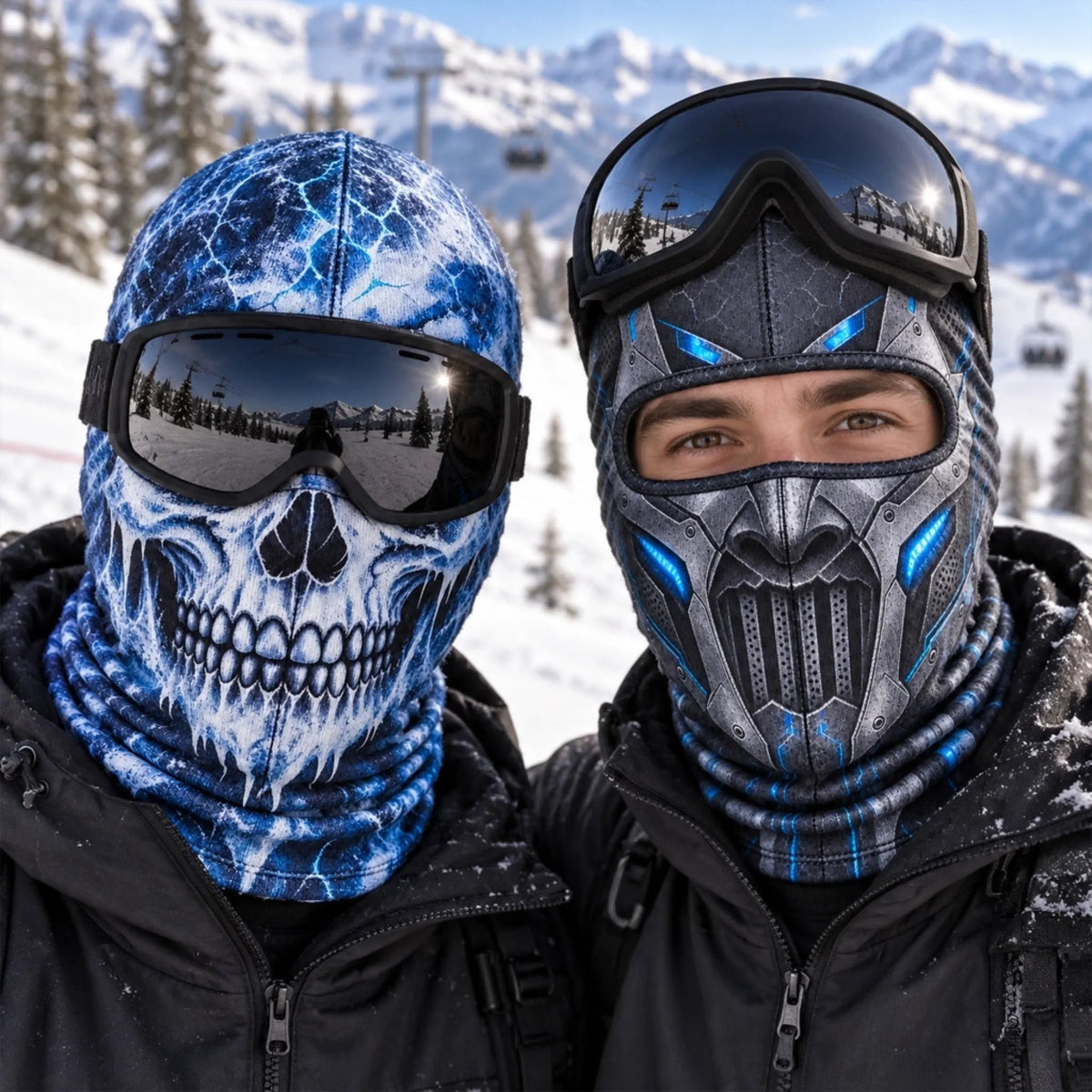 Skull and futuristic robot printed ski masks on a snowy mountain