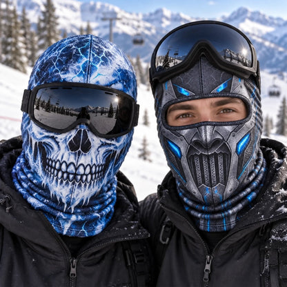 Skull and futuristic robot printed ski masks on a snowy mountain