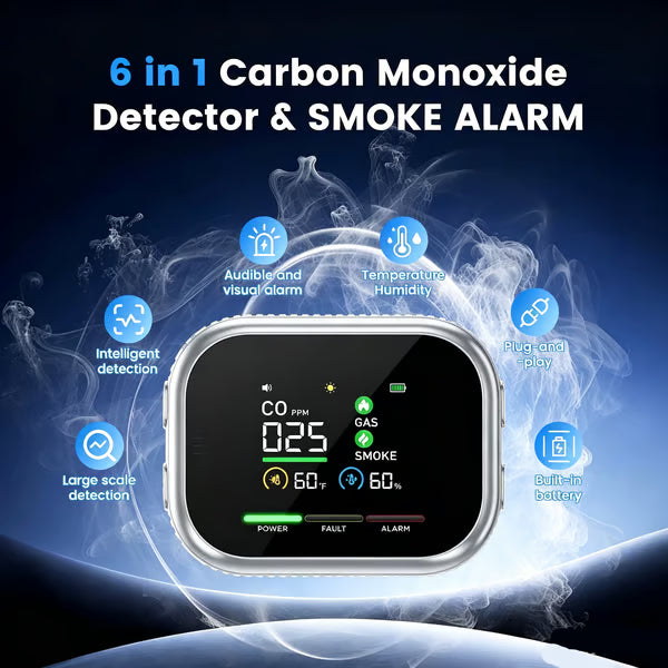 🛡️ Smart 6-in-1 Gas Detector – CO Smoke & Gas Leak Alarm With LCD Display