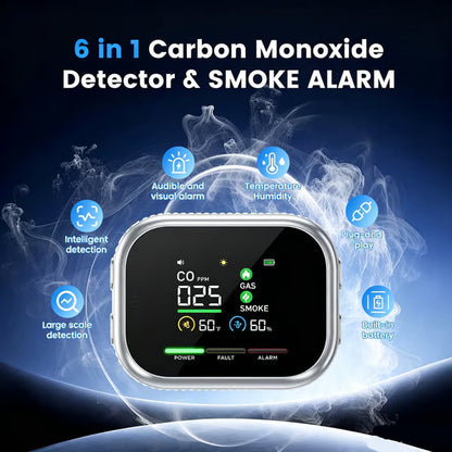 🛡️ Smart 6-in-1 Gas Detector – CO Smoke & Gas Leak Alarm With LCD Display