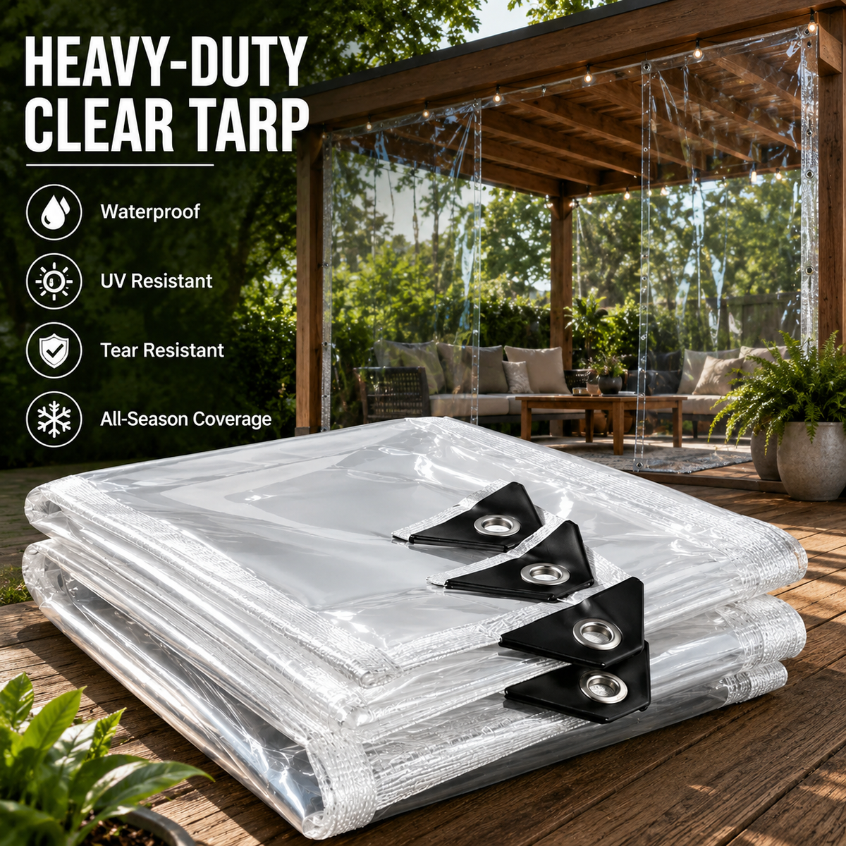 ☀️Clear Waterproof PE Tarp, Transparent Outdoor Cover with Metal Grommets🛡️