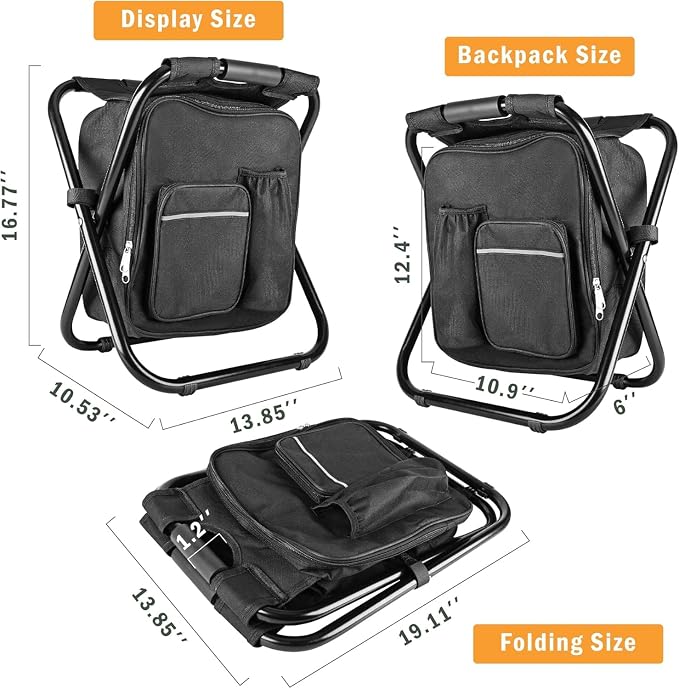 Kikerike Portable Stool Backpack Cooler Chair 300 LBS Max Load Folding Fishing Cooler Backpack Stool for Outdoors Hiking Beach Travel