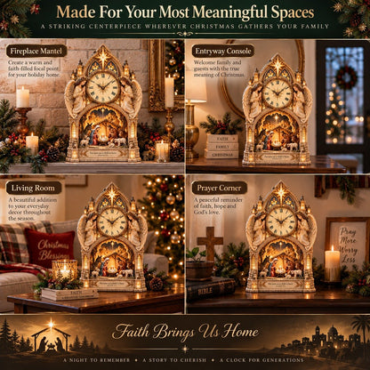 🕰️Cathedral-style Bethlehem Nativity clock – the Christmas story bathed in warm light.