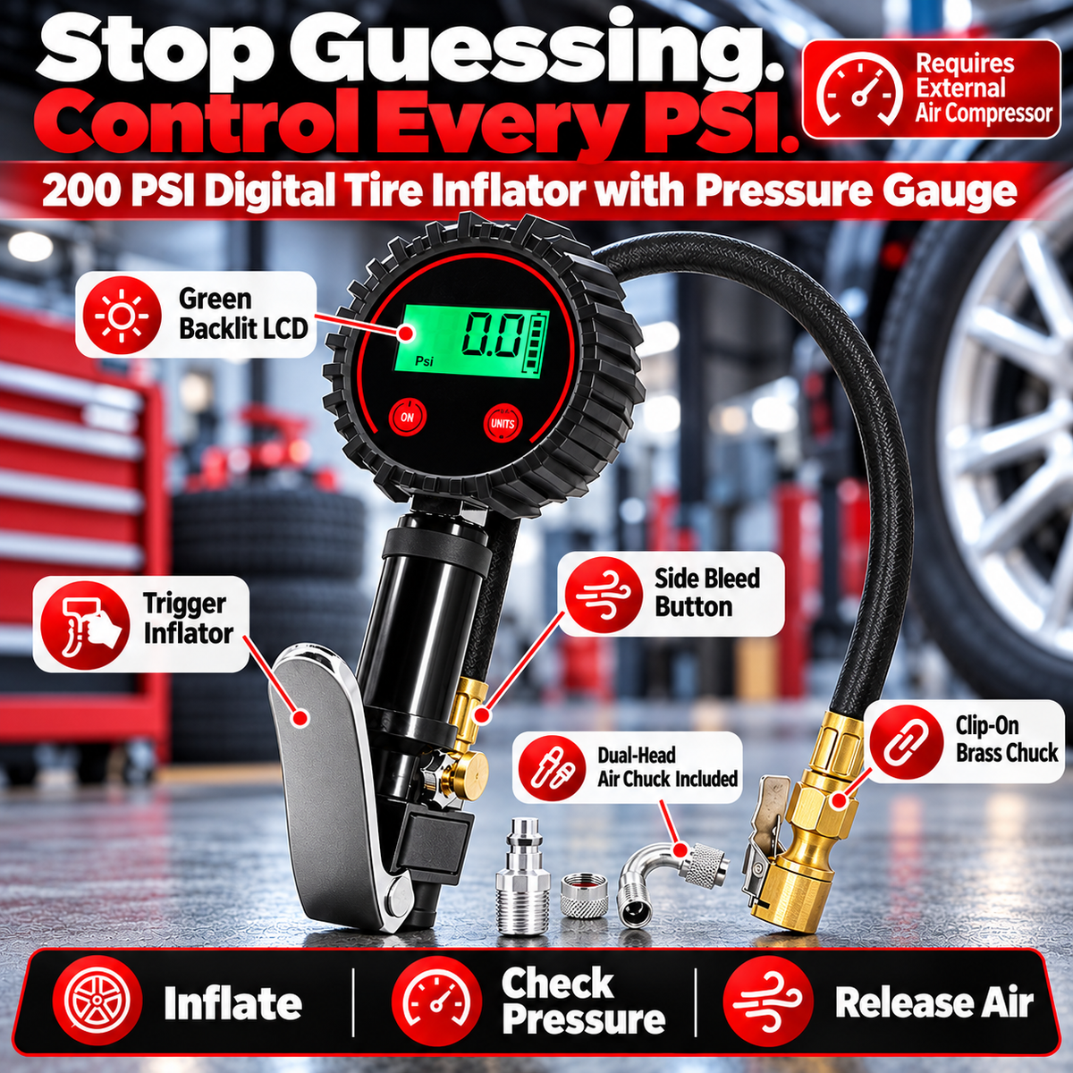 📟 200 PSI Digital Tire Inflator Gauge – 3-in-1 Air Chuck, Pressure Gauge & Bleeder
