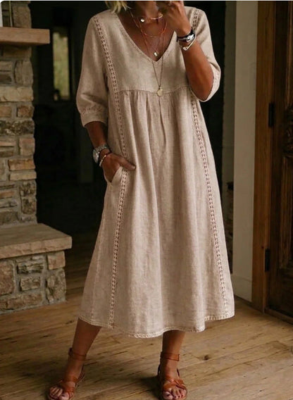 Elegant Linen-Blend V-Neck Midi Dress with Lace Inserts & Pockets | Casual Summer Dress for Women