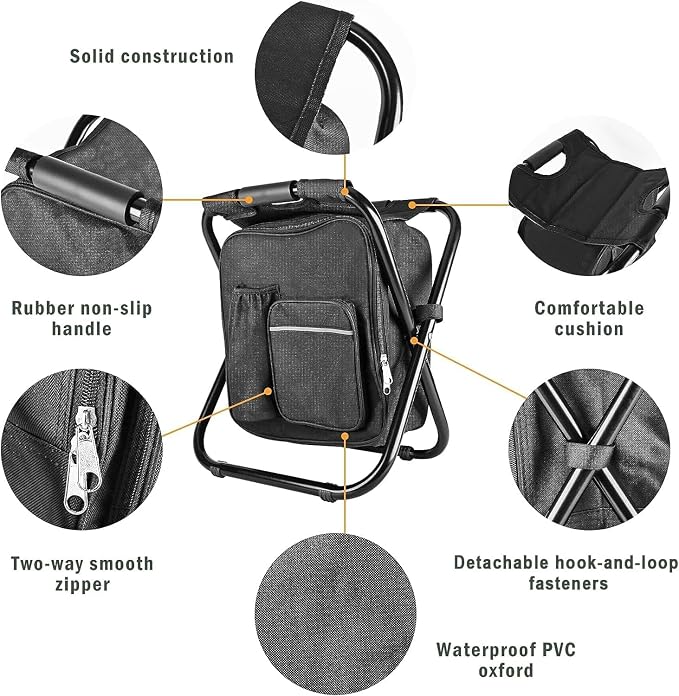 Kikerike Portable Stool Backpack Cooler Chair 300 LBS Max Load Folding Fishing Cooler Backpack Stool for Outdoors Hiking Beach Travel