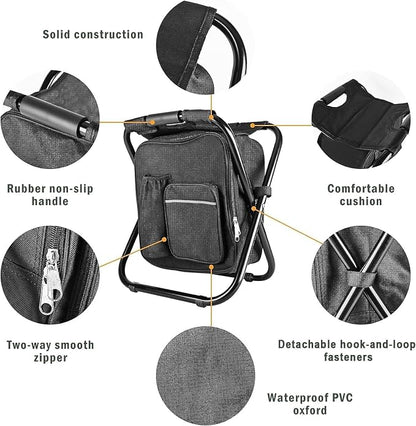Kikerike Portable Stool Backpack Cooler Chair 300 LBS Max Load Folding Fishing Cooler Backpack Stool for Outdoors Hiking Beach Travel