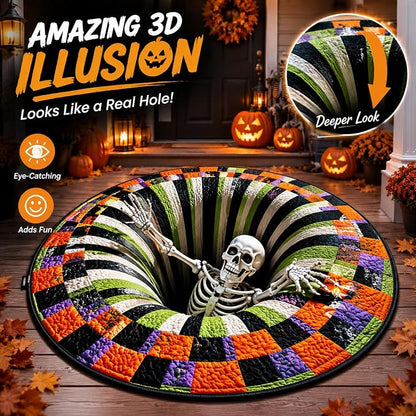 👻 3D Optical Illusion Skeleton Vortex Quilted Round Halloween Rug