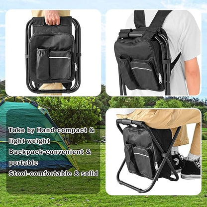 Kikerike Portable Stool Backpack Cooler Chair 300 LBS Max Load Folding Fishing Cooler Backpack Stool for Outdoors Hiking Beach Travel